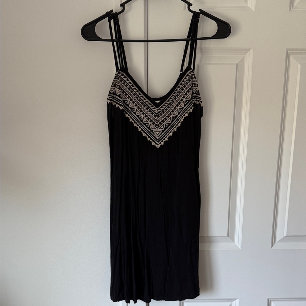 Black mini double strap Dress with White Geometric Pattern